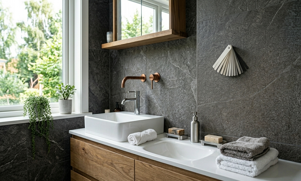 škárovacia hmota na tmavom obklade do kúpeľne